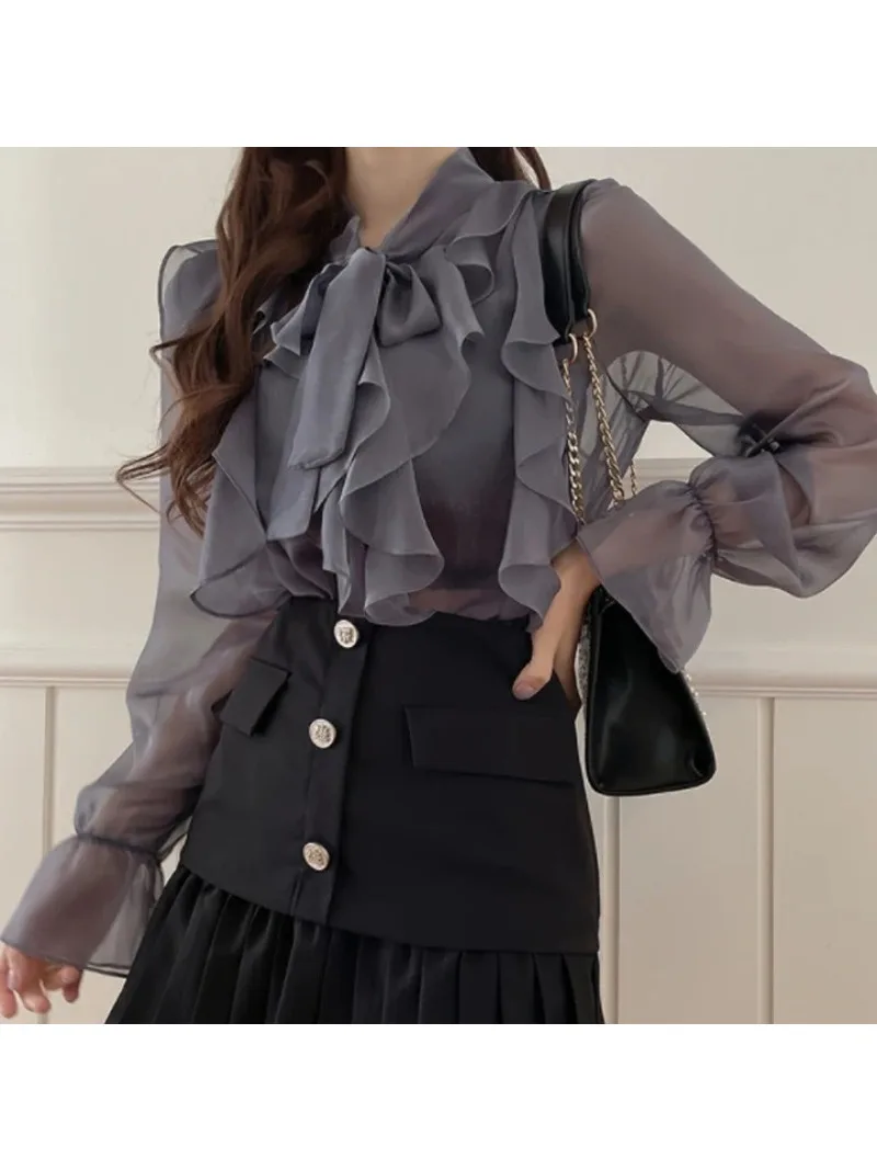 Spring Chiffon Blouse Fashion Tops Autumn Sweet Bow Shirt Casual Long Sleeve Women Clothing Elegant OL White Blusas