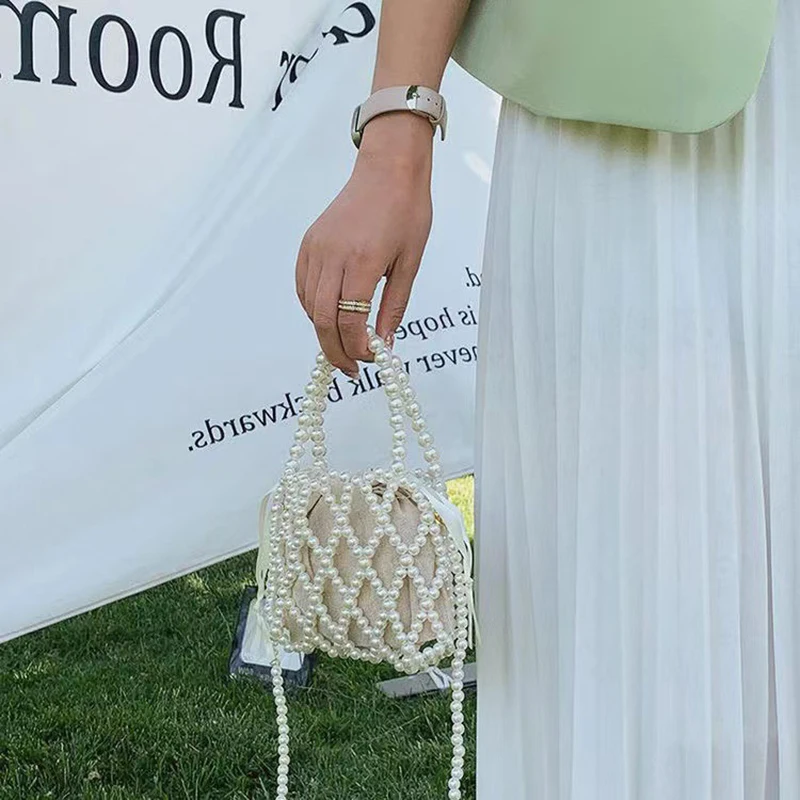 Fashion Lady Basket Handbag Summer Women's Shoulder Crossbody Bag Bohemia Travel Beach Bag Luxury Design Pearl Shopper Tote