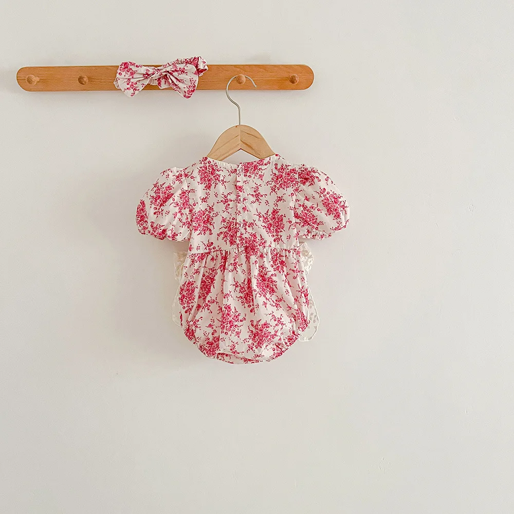 2025 Summer New in Infant Princess Style Jumpsuits Newborn Kids Bow Lace Flower Outwear Toddler Bodysuits+headbands 0-24M