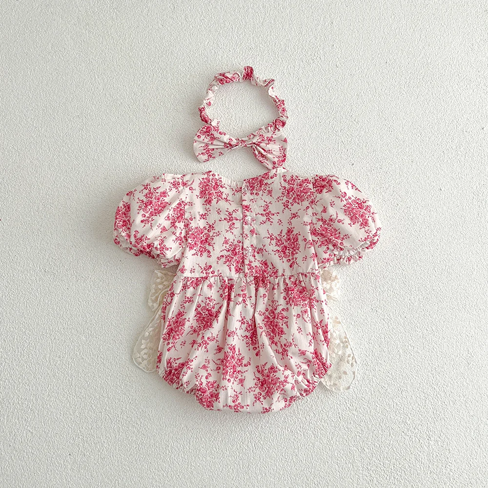 2025 Summer New in Infant Princess Style Jumpsuits Newborn Kids Bow Lace Flower Outwear Toddler Bodysuits+headbands 0-24M