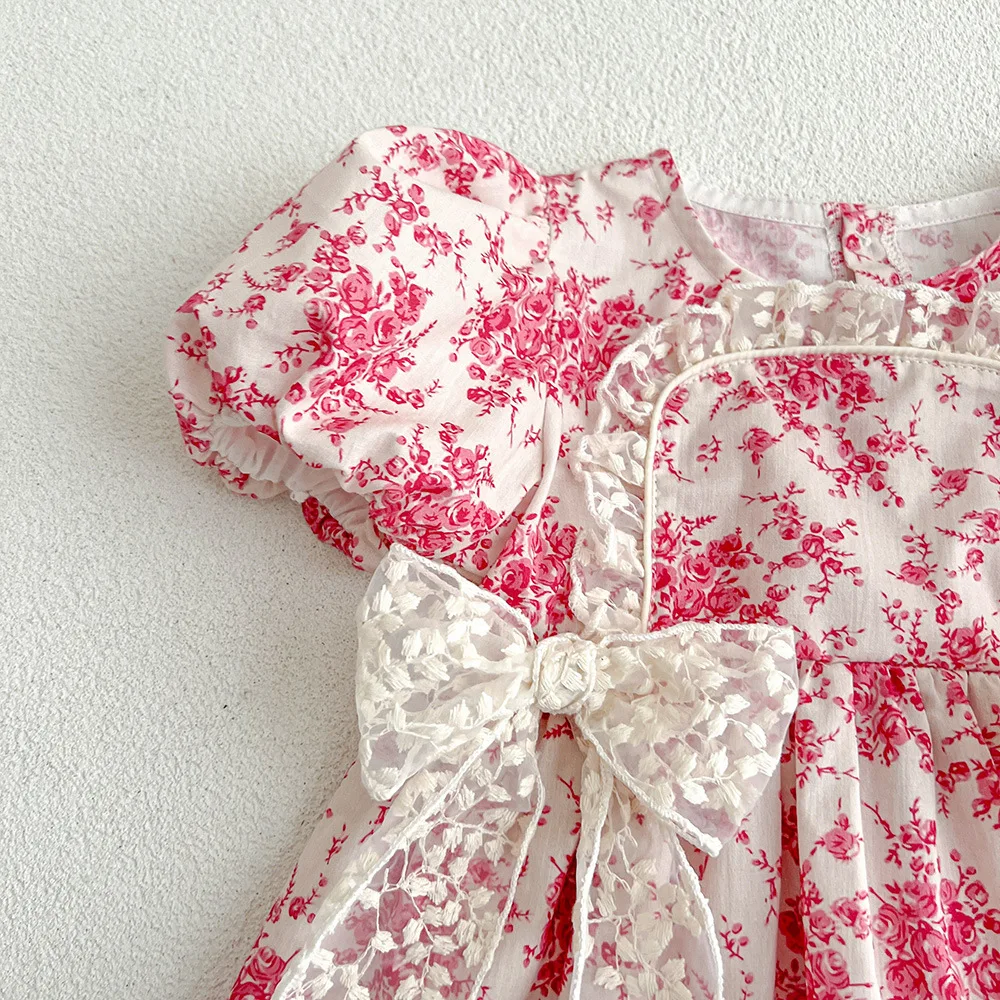 2025 Summer New in Infant Princess Style Jumpsuits Newborn Kids Bow Lace Flower Outwear Toddler Bodysuits+headbands 0-24M