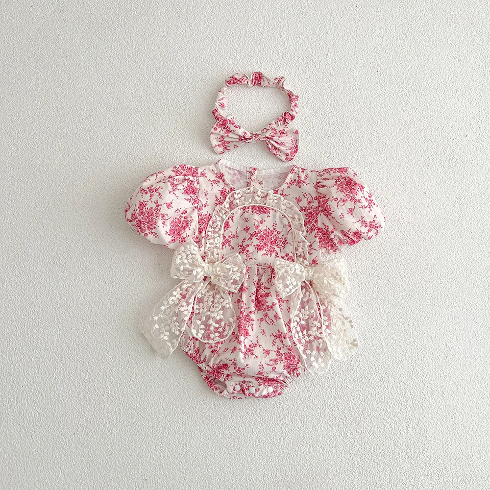 2025 Summer New in Infant Princess Style Jumpsuits Newborn Kids Bow Lace Flower Outwear Toddler Bodysuits+headbands 0-24M