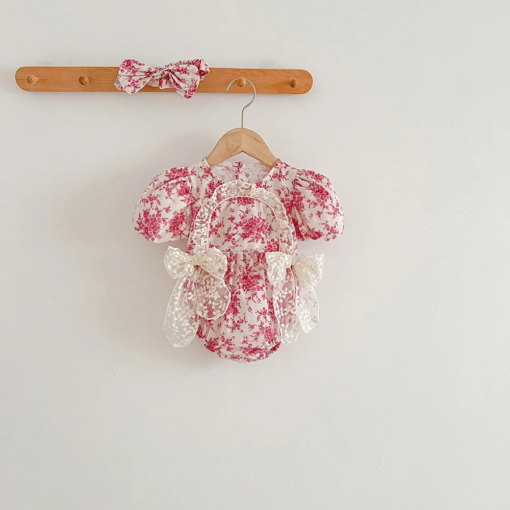 2025 Summer New in Infant Princess Style Jumpsuits Newborn Kids Bow Lace Flower Outwear Toddler Bodysuits+headbands 0-24M