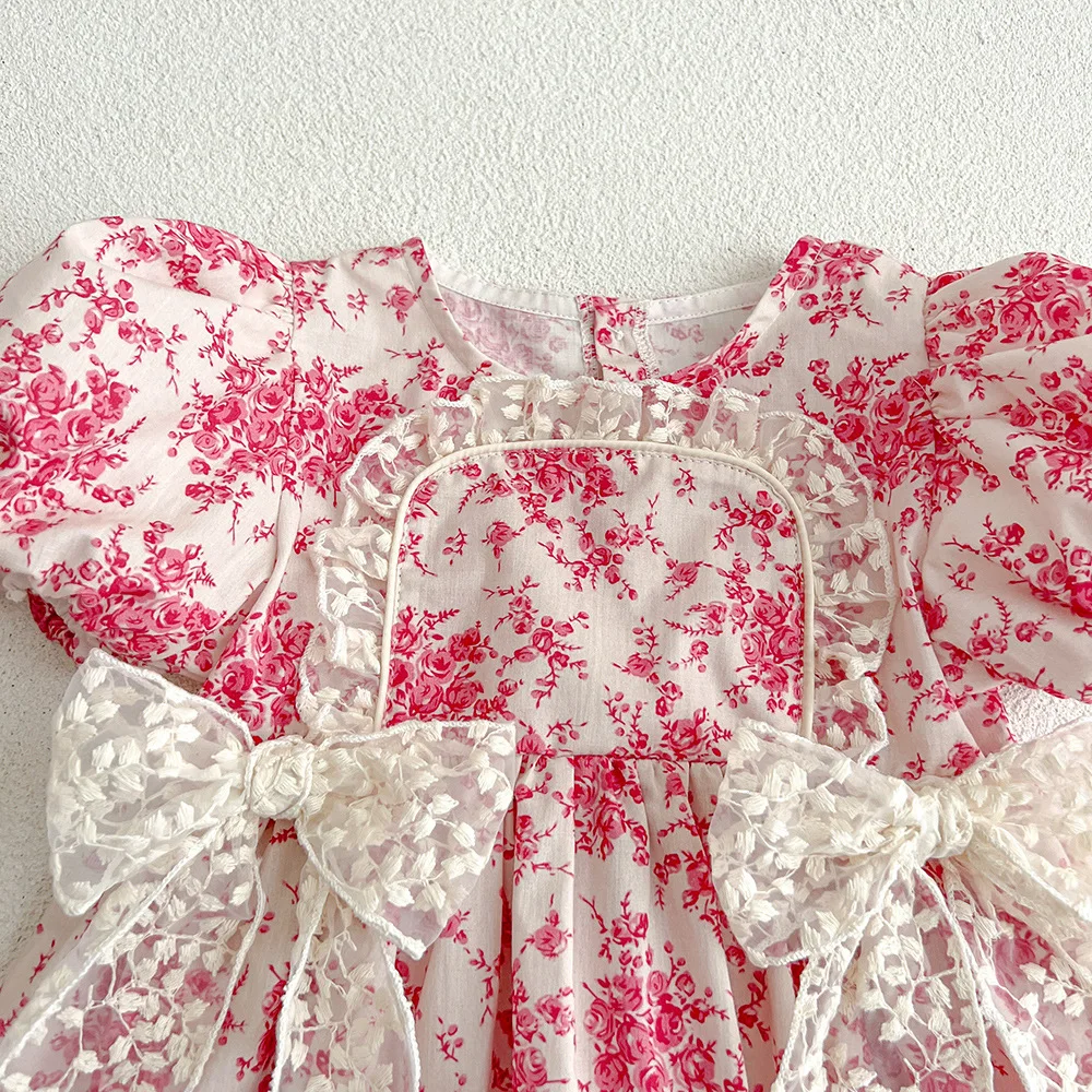2025 Summer New in Infant Princess Style Jumpsuits Newborn Kids Bow Lace Flower Outwear Toddler Bodysuits+headbands 0-24M