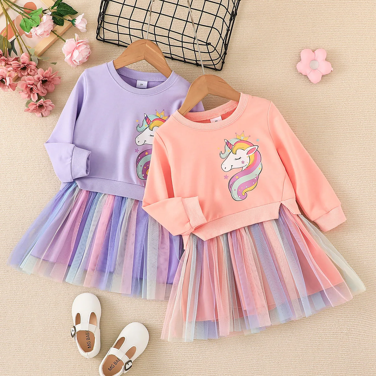 New Unicorn Girls Dress Autumn Spring Children Clothing Cotton Toddler Costume Birthday Party Kids Casual Princess Mesh Dress