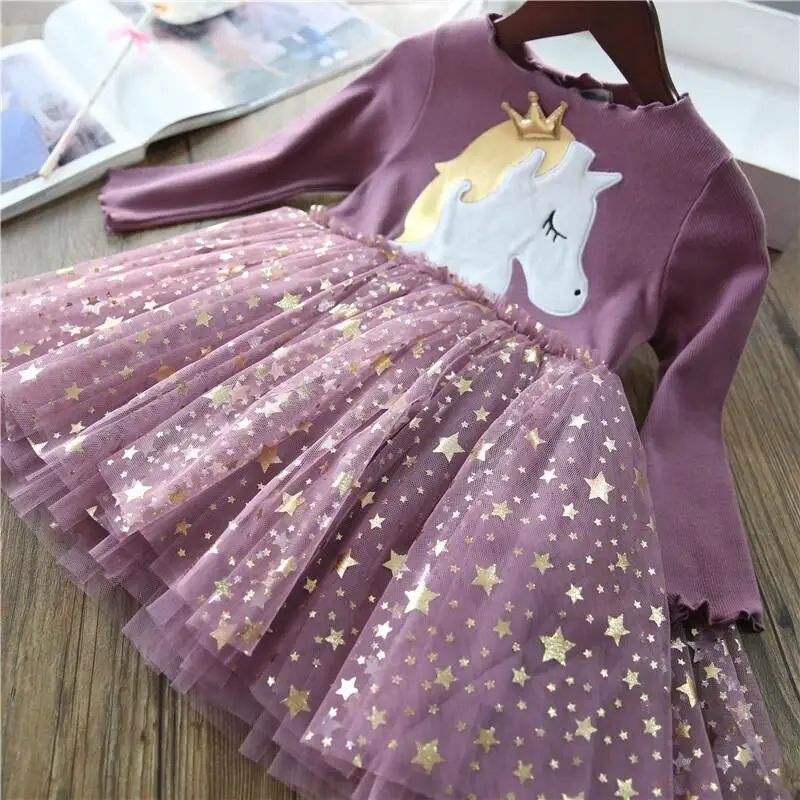 New Unicorn Girls Dress Autumn Spring Children Clothing Cotton Toddler Costume Birthday Party Kids Casual Princess Mesh Dress