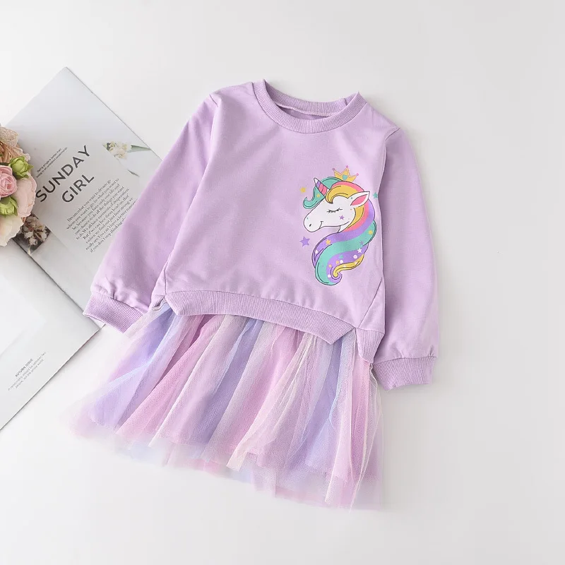New Unicorn Girls Dress Autumn Spring Children Clothing Cotton Toddler Costume Birthday Party Kids Casual Princess Mesh Dress