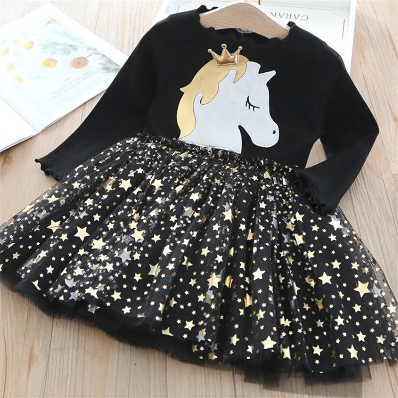 New Unicorn Girls Dress Autumn Spring Children Clothing Cotton Toddler Costume Birthday Party Kids Casual Princess Mesh Dress