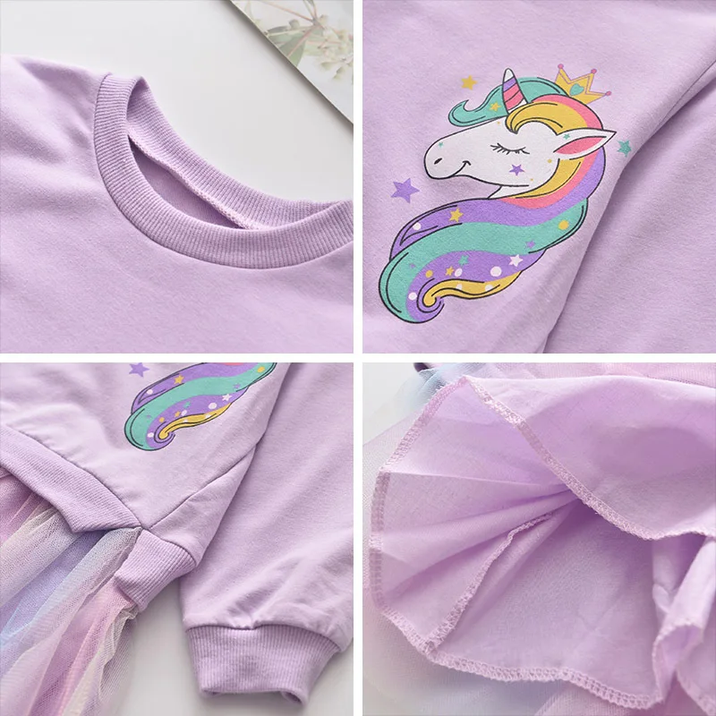 New Unicorn Girls Dress Autumn Spring Children Clothing Cotton Toddler Costume Birthday Party Kids Casual Princess Mesh Dress