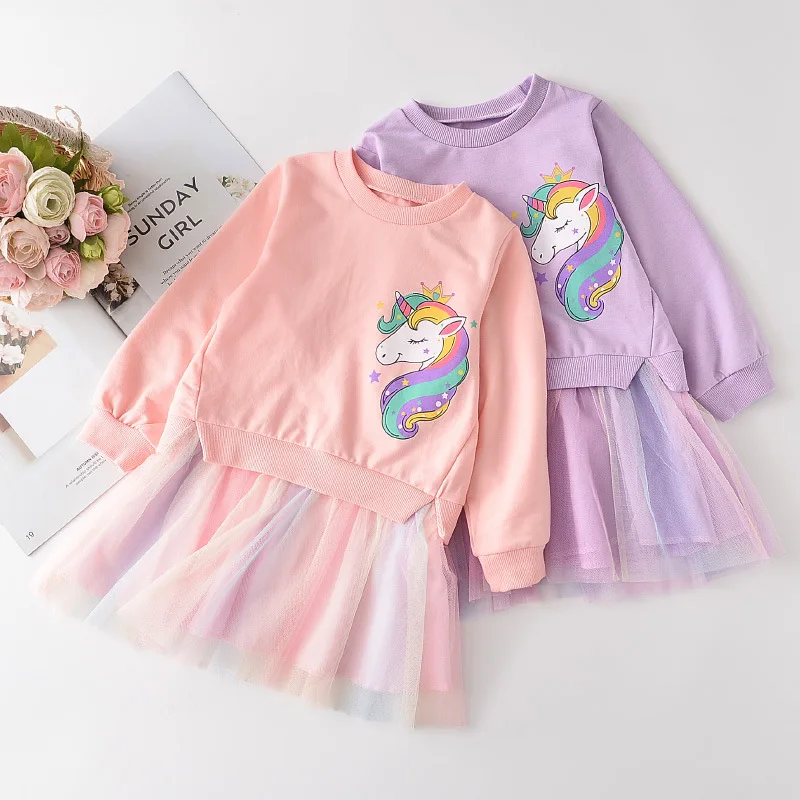 New Unicorn Girls Dress Autumn Spring Children Clothing Cotton Toddler Costume Birthday Party Kids Casual Princess Mesh Dress