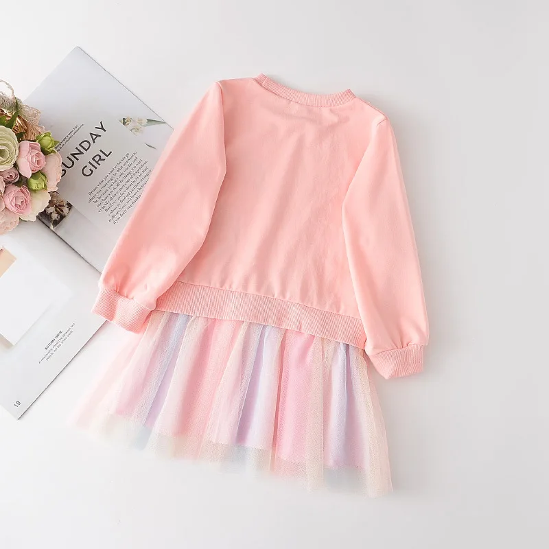 New Unicorn Girls Dress Autumn Spring Children Clothing Cotton Toddler Costume Birthday Party Kids Casual Princess Mesh Dress