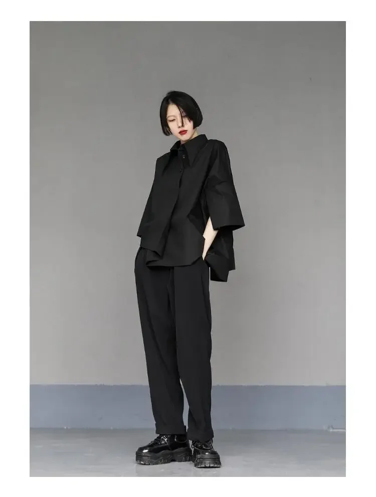 Y2K Women Streetwear Loose Summer Tops Academic Irregular Casual Three Quarter Female Blouse Chiffon Solid Shirt Gothic Fashion
