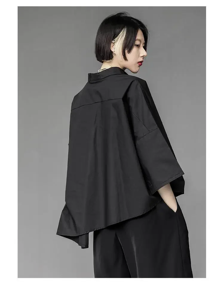 Y2K Women Streetwear Loose Summer Tops Academic Irregular Casual Three Quarter Female Blouse Chiffon Solid Shirt Gothic Fashion