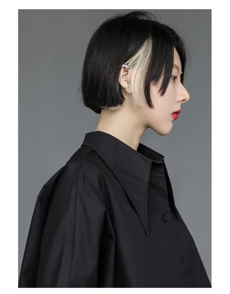 Y2K Women Streetwear Loose Summer Tops Academic Irregular Casual Three Quarter Female Blouse Chiffon Solid Shirt Gothic Fashion