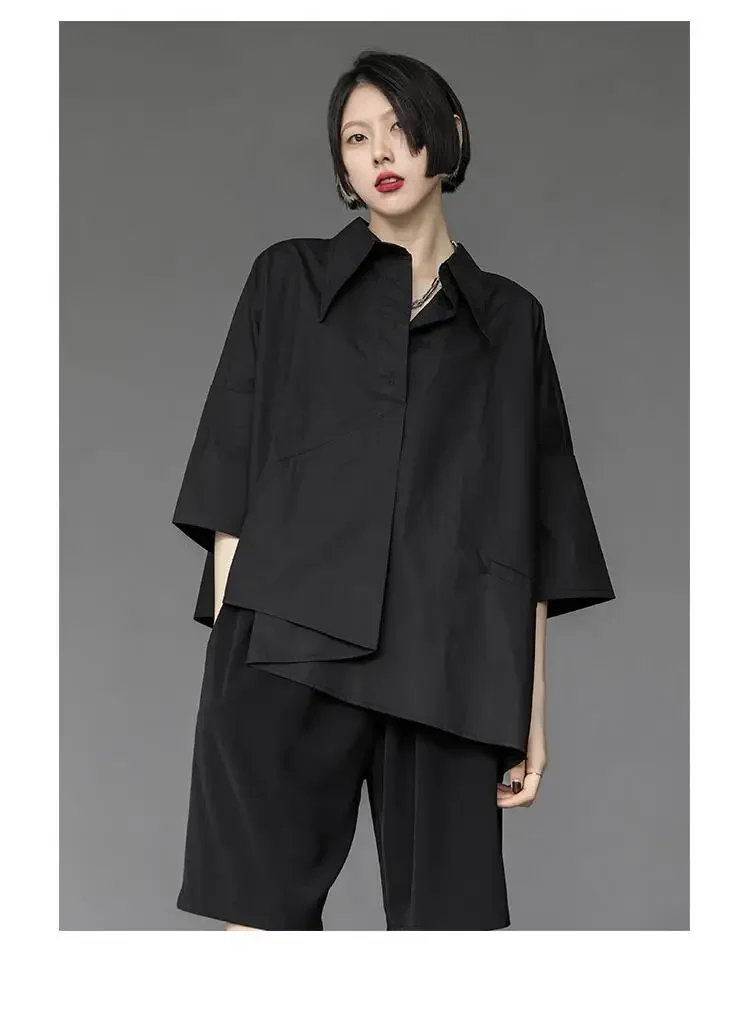 Y2K Women Streetwear Loose Summer Tops Academic Irregular Casual Three Quarter Female Blouse Chiffon Solid Shirt Gothic Fashion