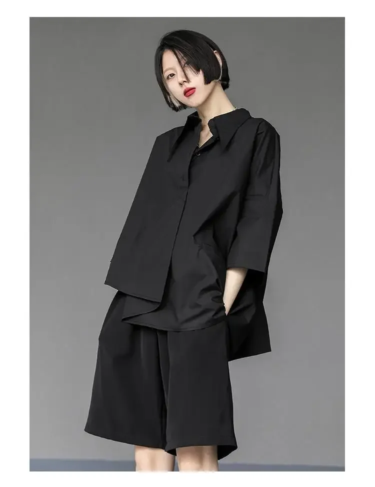 Y2K Women Streetwear Loose Summer Tops Academic Irregular Casual Three Quarter Female Blouse Chiffon Solid Shirt Gothic Fashion