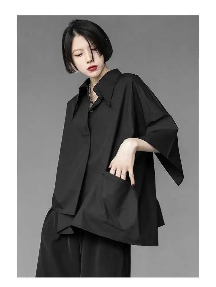 Y2K Women Streetwear Loose Summer Tops Academic Irregular Casual Three Quarter Female Blouse Chiffon Solid Shirt Gothic Fashion