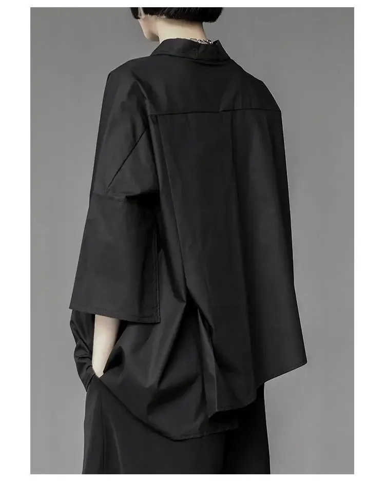 Y2K Women Streetwear Loose Summer Tops Academic Irregular Casual Three Quarter Female Blouse Chiffon Solid Shirt Gothic Fashion