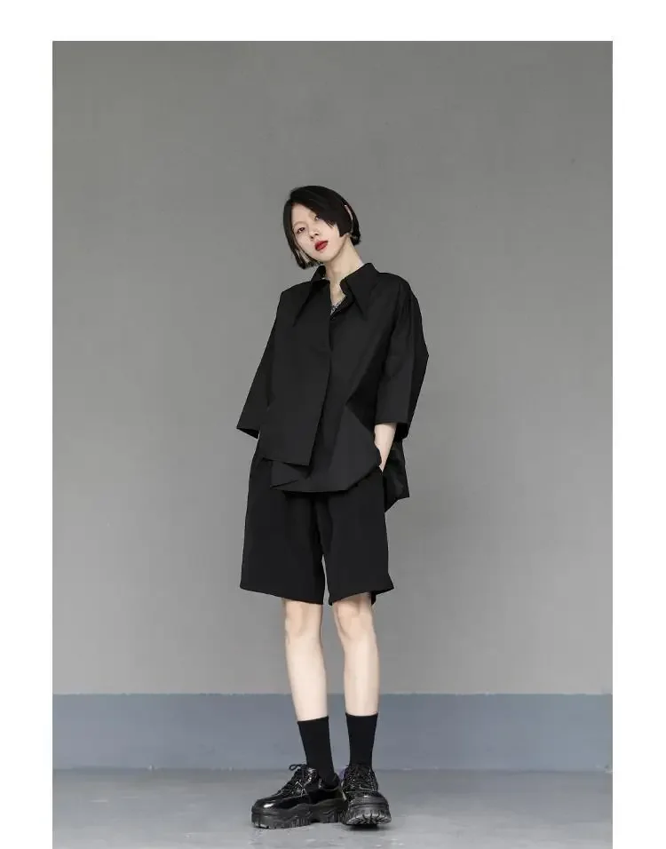 Y2K Women Streetwear Loose Summer Tops Academic Irregular Casual Three Quarter Female Blouse Chiffon Solid Shirt Gothic Fashion
