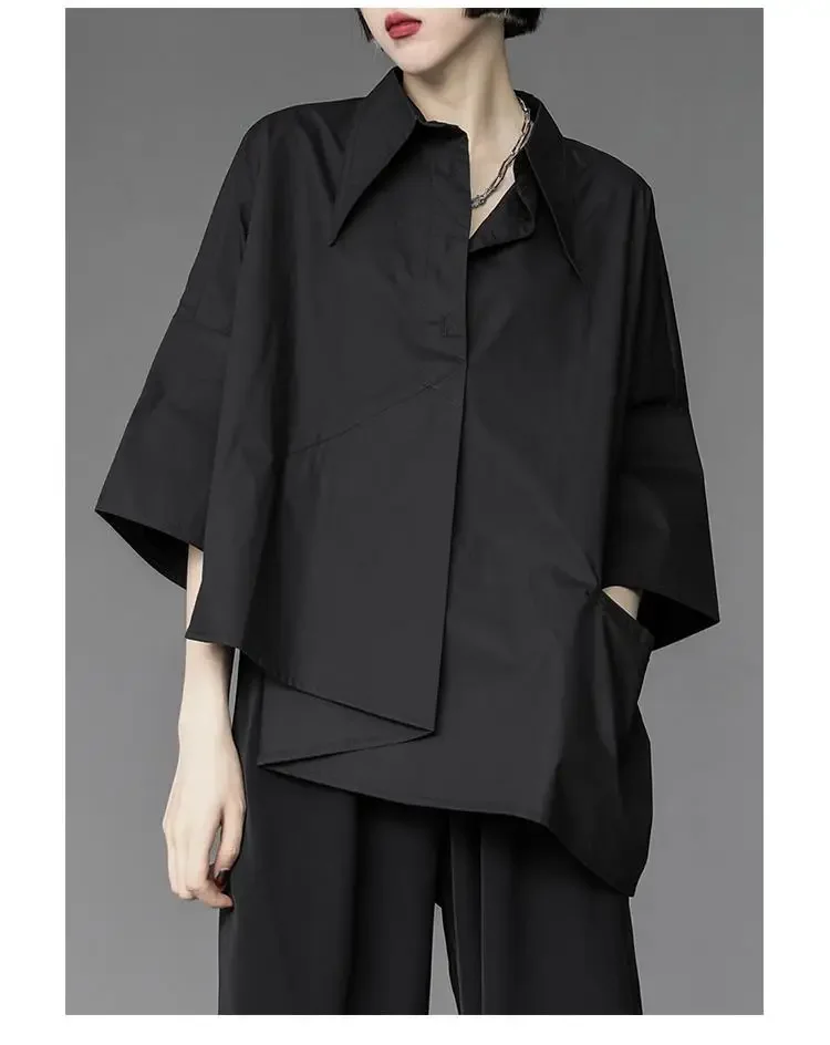 Y2K Women Streetwear Loose Summer Tops Academic Irregular Casual Three Quarter Female Blouse Chiffon Solid Shirt Gothic Fashion