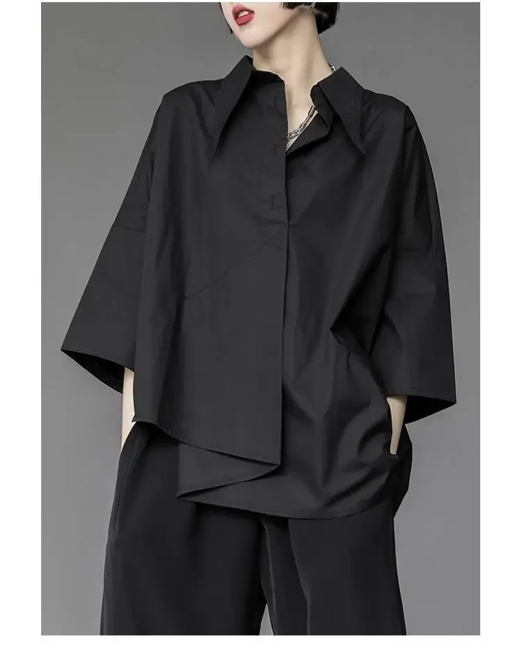 Y2K Women Streetwear Loose Summer Tops Academic Irregular Casual Three Quarter Female Blouse Chiffon Solid Shirt Gothic Fashion