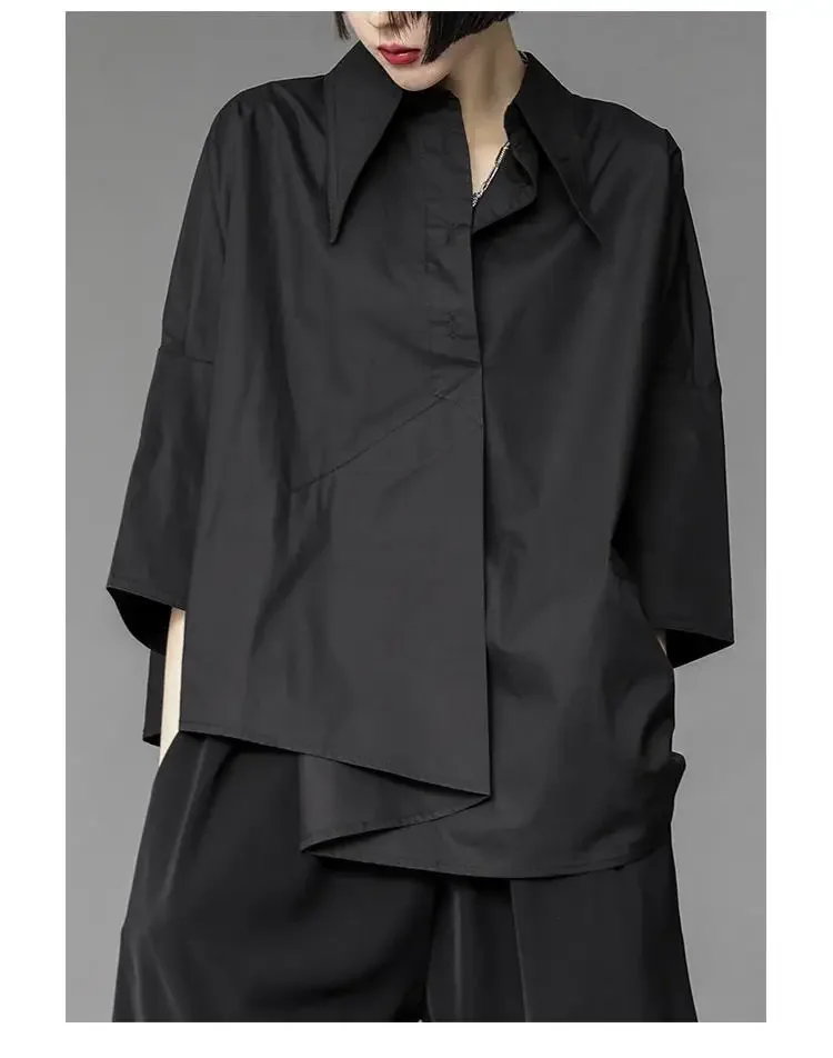 Y2K Women Streetwear Loose Summer Tops Academic Irregular Casual Three Quarter Female Blouse Chiffon Solid Shirt Gothic Fashion