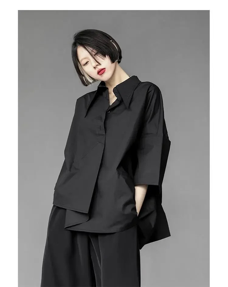 Y2K Women Streetwear Loose Summer Tops Academic Irregular Casual Three Quarter Female Blouse Chiffon Solid Shirt Gothic Fashion