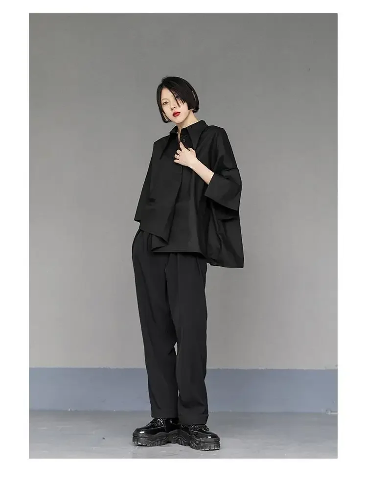 Y2K Women Streetwear Loose Summer Tops Academic Irregular Casual Three Quarter Female Blouse Chiffon Solid Shirt Gothic Fashion