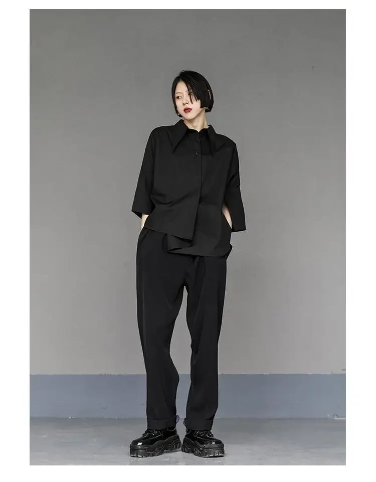 Y2K Women Streetwear Loose Summer Tops Academic Irregular Casual Three Quarter Female Blouse Chiffon Solid Shirt Gothic Fashion