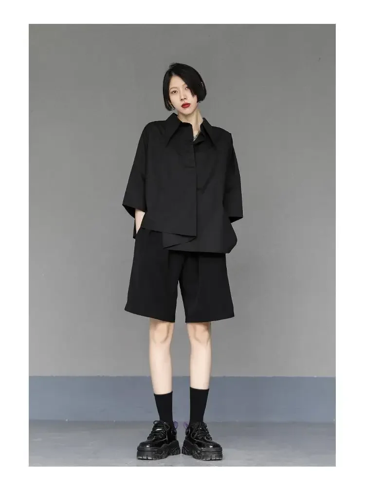 Y2K Women Streetwear Loose Summer Tops Academic Irregular Casual Three Quarter Female Blouse Chiffon Solid Shirt Gothic Fashion