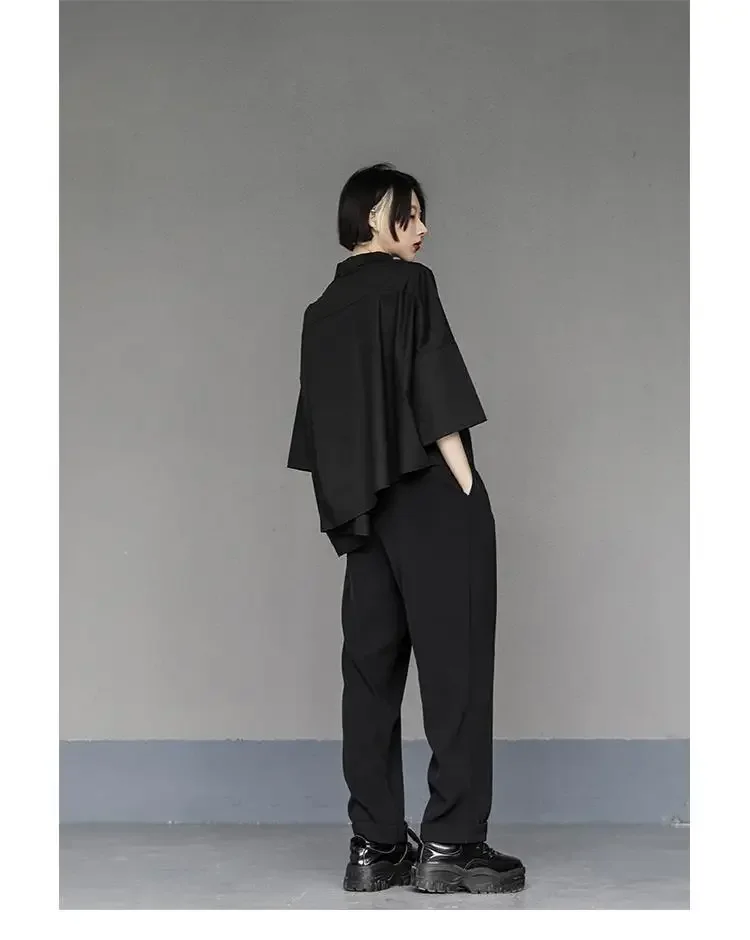 Y2K Women Streetwear Loose Summer Tops Academic Irregular Casual Three Quarter Female Blouse Chiffon Solid Shirt Gothic Fashion