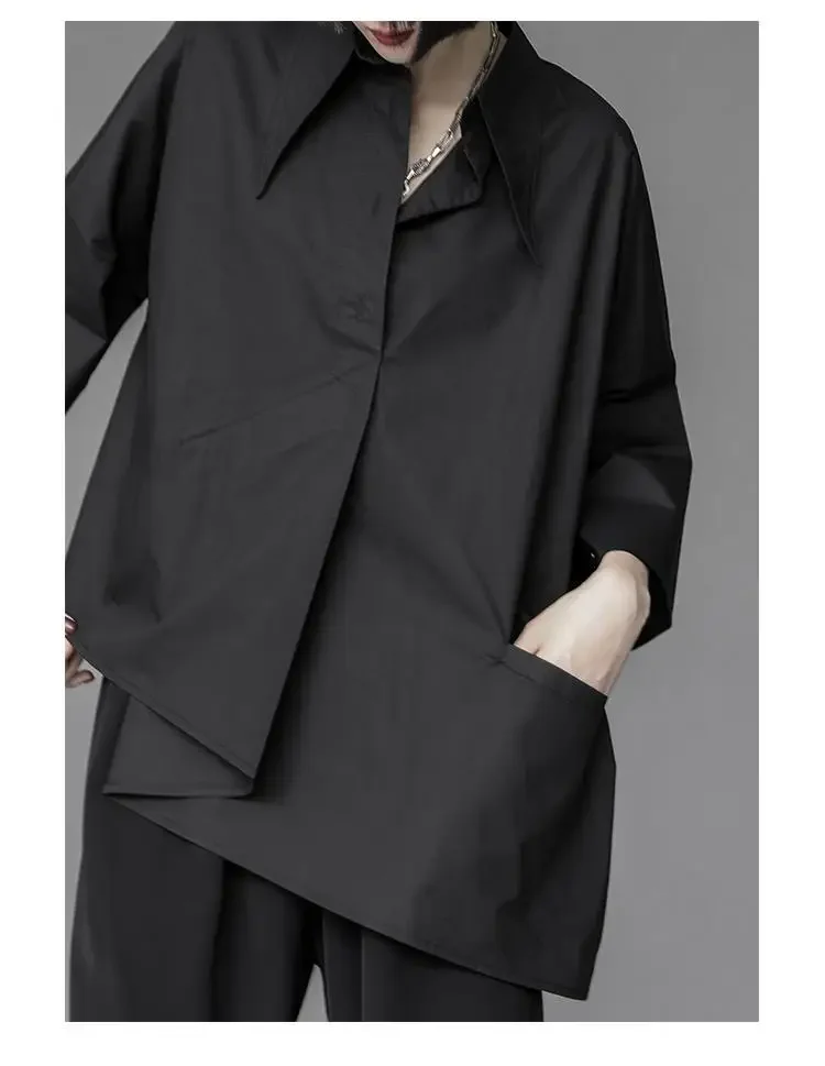Y2K Women Streetwear Loose Summer Tops Academic Irregular Casual Three Quarter Female Blouse Chiffon Solid Shirt Gothic Fashion