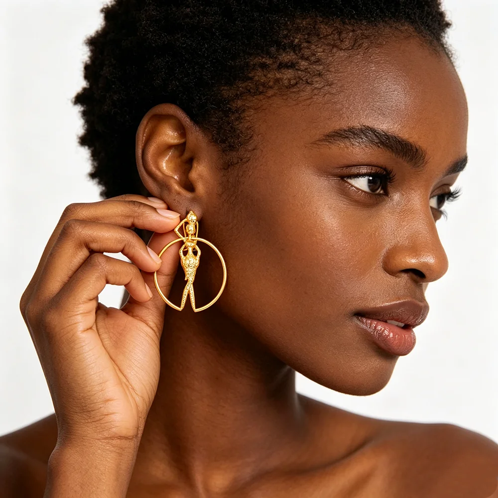 18K Gold Plated African Hollow Circle African Lady Figure Statement Earrings Ring Set For Women Luxury Wedding Accessories Gift