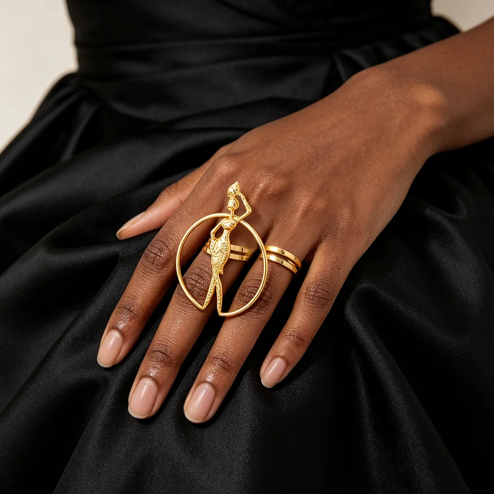 18K Gold Plated African Hollow Circle African Lady Figure Statement Earrings Ring Set For Women Luxury Wedding Accessories Gift
