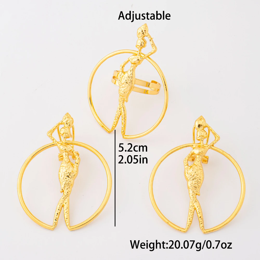 18K Gold Plated African Hollow Circle African Lady Figure Statement Earrings Ring Set For Women Luxury Wedding Accessories Gift