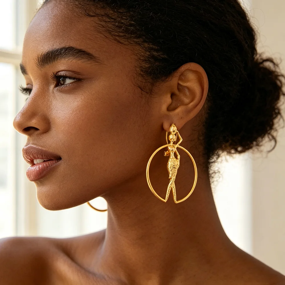 18K Gold Plated African Hollow Circle African Lady Figure Statement Earrings Ring Set For Women Luxury Wedding Accessories Gift