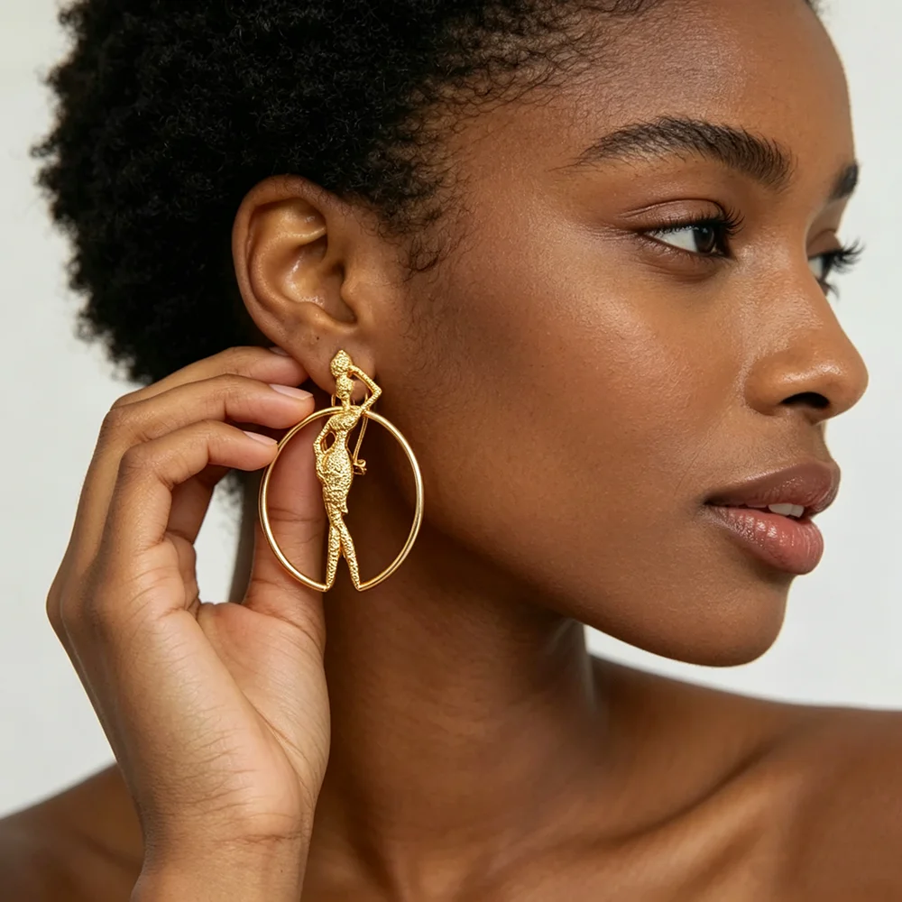 18K Gold Plated African Hollow Circle African Lady Figure Statement Earrings Ring Set For Women Luxury Wedding Accessories Gift