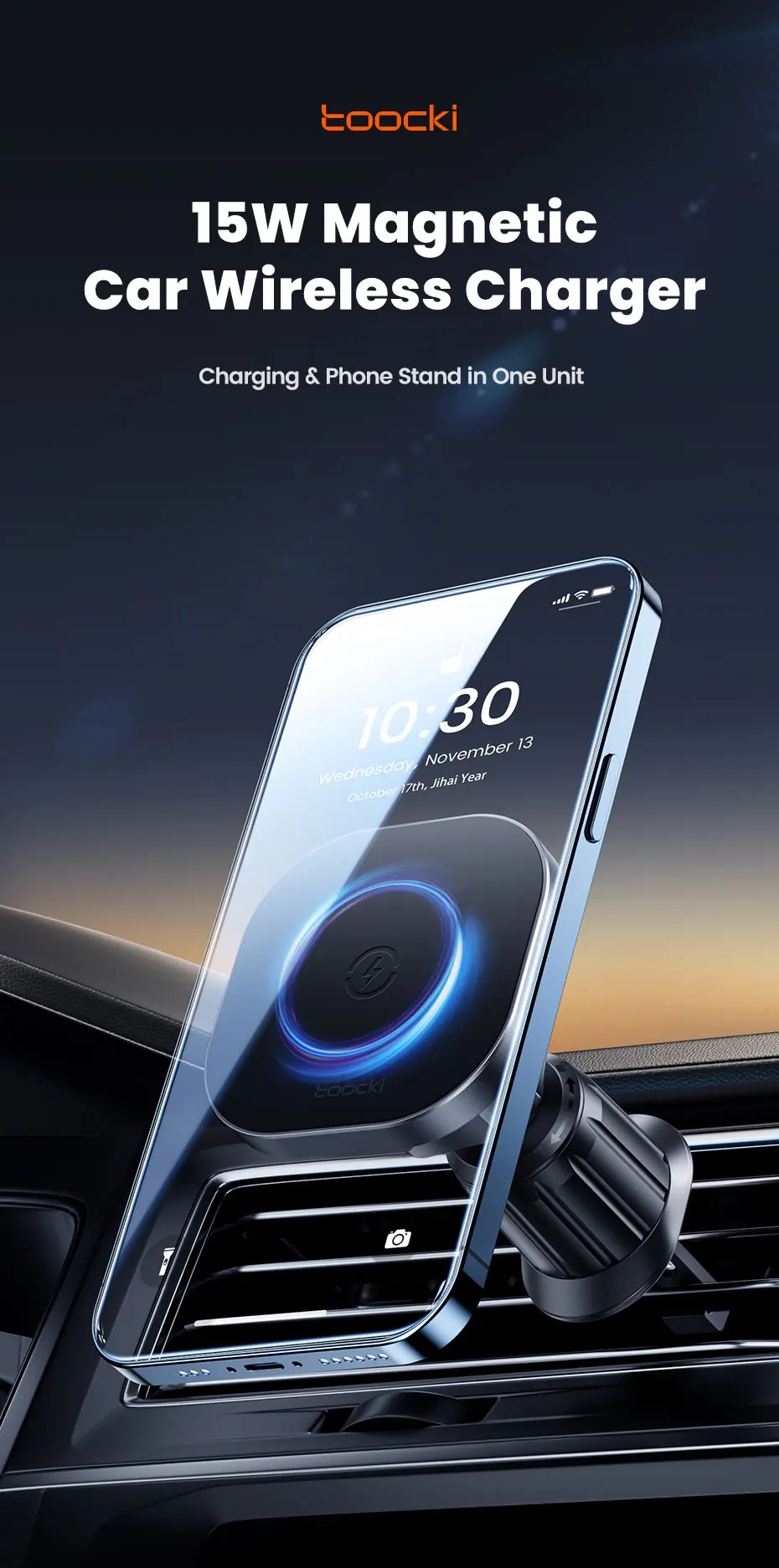 Toocki Magnetic Car Wireless Charger Car Phone Holder Air Outlet 15W Fast Charging Charger in Car For iPhone 15 14 13 12 Pro Max