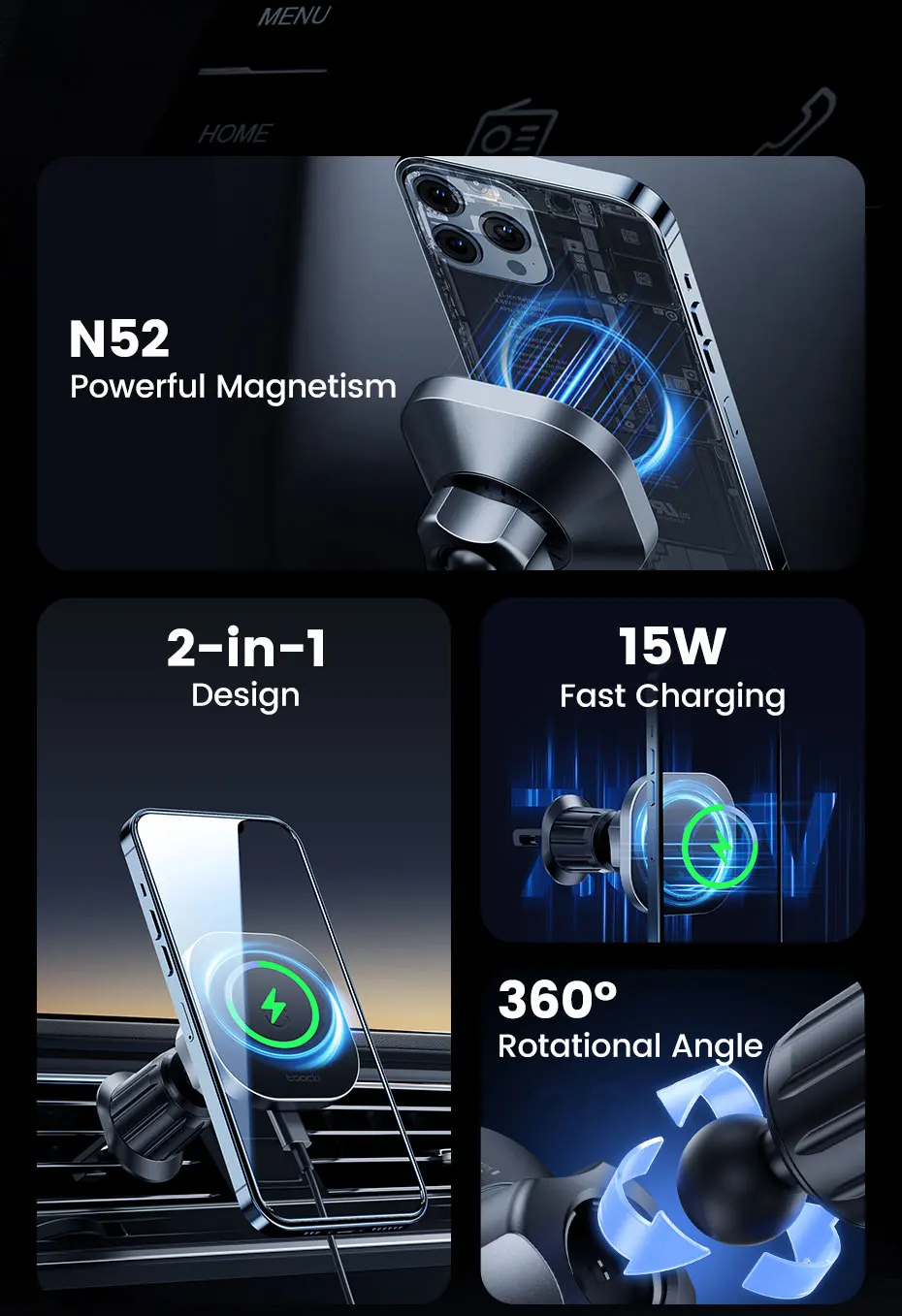 Toocki Magnetic Car Wireless Charger Car Phone Holder Air Outlet 15W Fast Charging Charger in Car For iPhone 15 14 13 12 Pro Max