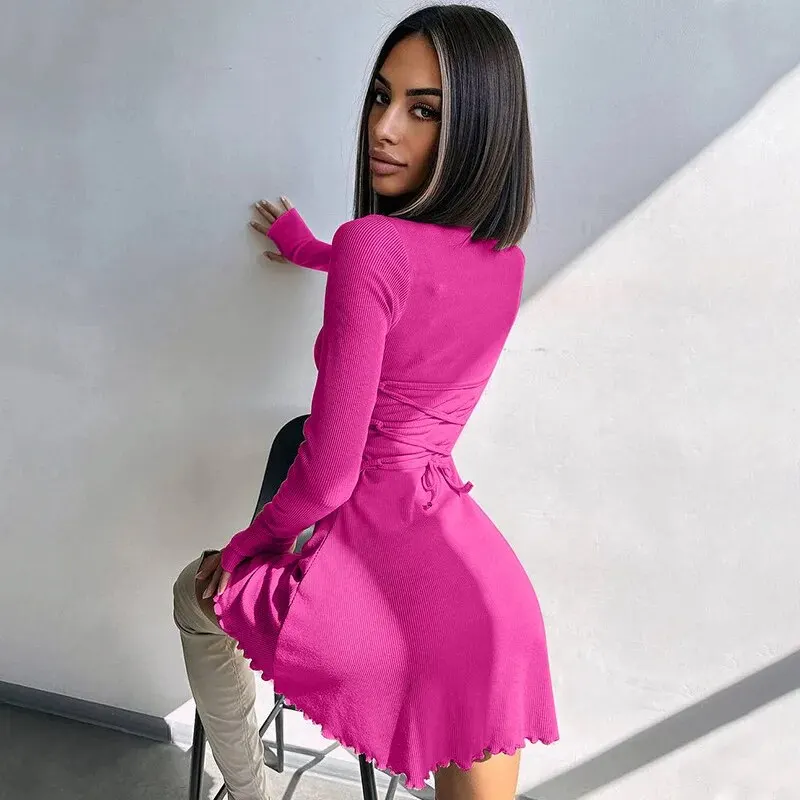 Dulzura Women 2024 Spring Autumn Fashion Long Sleeve Knitted Streetwear Bodycon Short Mini Dress Wholesale Items For Business