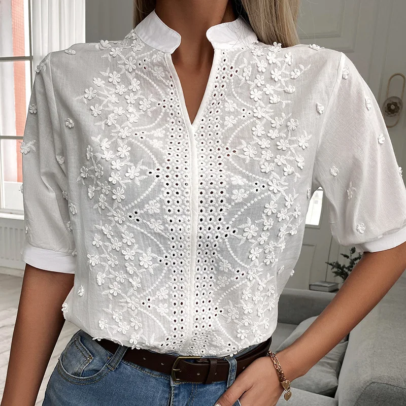 2024 Spring Embroidery Women Blouse Fashion Summer V-neck Lantern Sleeve White Shirt Woman Vintage Cotton Hollow-out Tops 24350