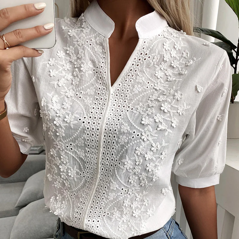 2024 Spring Embroidery Women Blouse Fashion Summer V-neck Lantern Sleeve White Shirt Woman Vintage Cotton Hollow-out Tops 24350