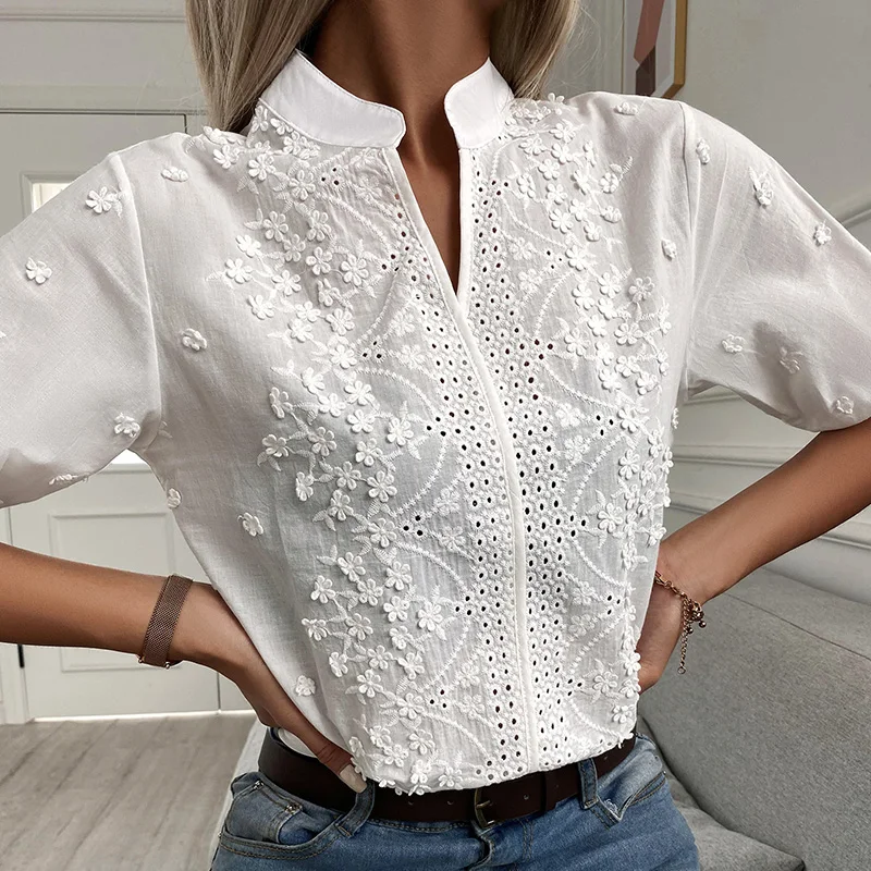 2024 Spring Embroidery Women Blouse Fashion Summer V-neck Lantern Sleeve White Shirt Woman Vintage Cotton Hollow-out Tops 24350
