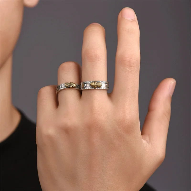 Fashion 925 Silver Ring For Men Women Jewelry Vintage Six Character Great Bright Mantra Gold Pixiu Ring Male Finger Accessories