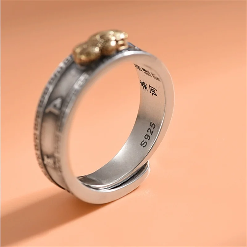 Fashion 925 Silver Ring For Men Women Jewelry Vintage Six Character Great Bright Mantra Gold Pixiu Ring Male Finger Accessories