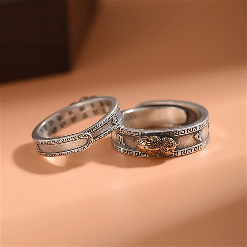 Fashion 925 Silver Ring For Men Women Jewelry Vintage Six Character Great Bright Mantra Gold Pixiu Ring Male Finger Accessories