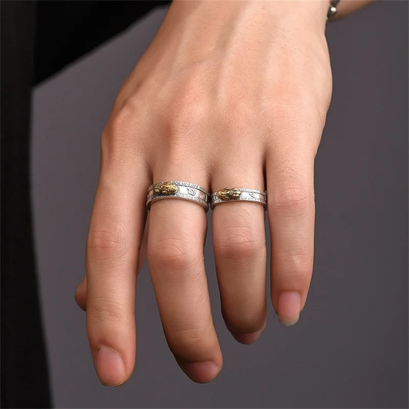 Fashion 925 Silver Ring For Men Women Jewelry Vintage Six Character Great Bright Mantra Gold Pixiu Ring Male Finger Accessories