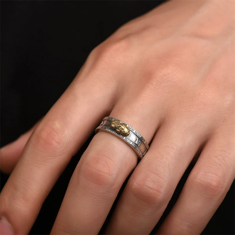 Fashion 925 Silver Ring For Men Women Jewelry Vintage Six Character Great Bright Mantra Gold Pixiu Ring Male Finger Accessories