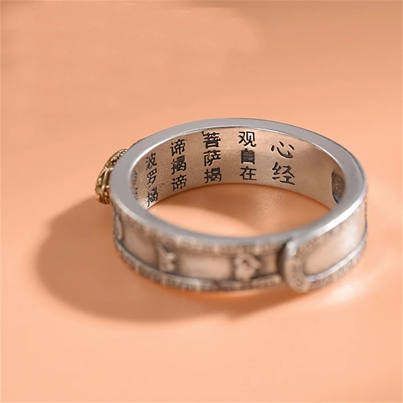 Fashion 925 Silver Ring For Men Women Jewelry Vintage Six Character Great Bright Mantra Gold Pixiu Ring Male Finger Accessories