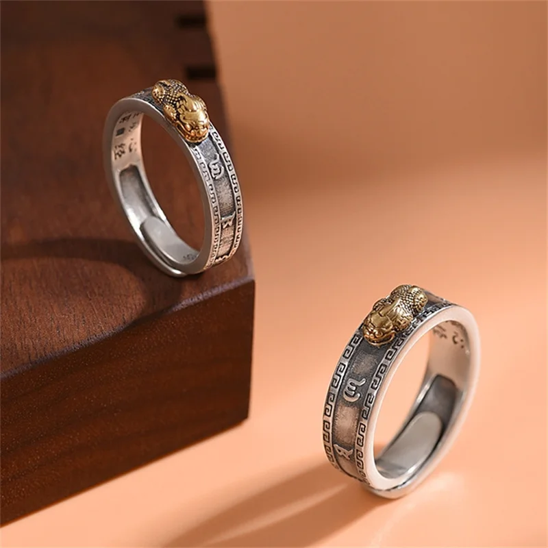 Fashion 925 Silver Ring For Men Women Jewelry Vintage Six Character Great Bright Mantra Gold Pixiu Ring Male Finger Accessories